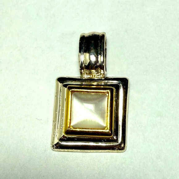 Silver Tone and gold Square Pendent with White Mother of Pearl - Picture 1 of 3